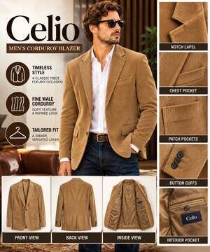 Celio Men Corduroy Blazer Camel Tan Slim Fit Sport Coat Estimated S 38